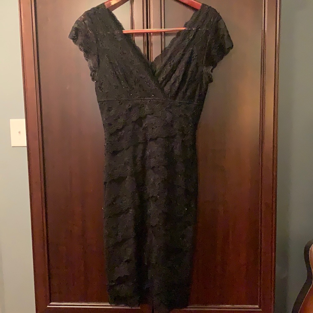 V-neck layered beaded lace black dress.